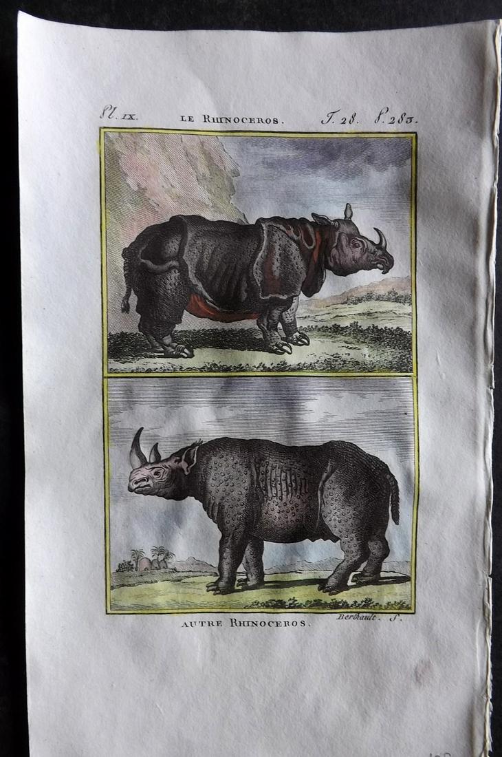 Buffon & Sonnini C1800 Hand Col Print. Rhino 28-09: Hand Colored Copper Plate Published 1799-1808, Paris for "Histoire naturelle générale et particulière" by the Comte de Buffon and Charles Nicolas Sigisbert Sonnini. Paper Size: 7.5 x 5 inch (19 x 1