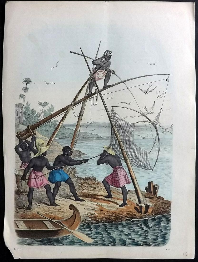 Hoffmann, Carl 1858 Hand Col Print. Fishermen, Malabar, India (1 of 2)