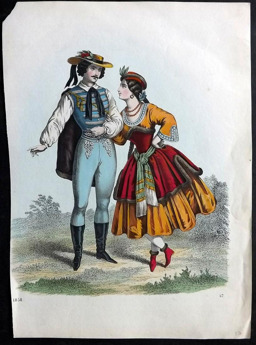 Hoffmann, Carl 1858 Hand Col Print. Hungarian Man & Woman, Hungary: Hand Colored Lithograph Published 1842-80, Stuttgart for "Das Buch der Welt" by Carl Hoffmann. Paper Size: 9.5 x 7 inch (25 x 18cm) Approx. Tight left margin with corner chip, otherwise Good Condition