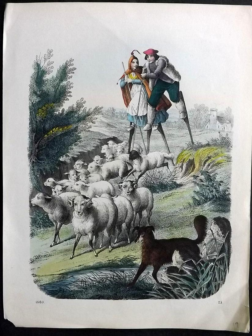 Hoffmann, Carl 1858 Hand Col Print. Shepherds on Stilts, Gascony, France: Hand Colored Lithograph Published 1842-80, Stuttgart for "Das Buch der Welt" by Carl Hoffmann. Paper Size: 9.5 x 7 inch (25 x 18cm) Approx. Good Condition