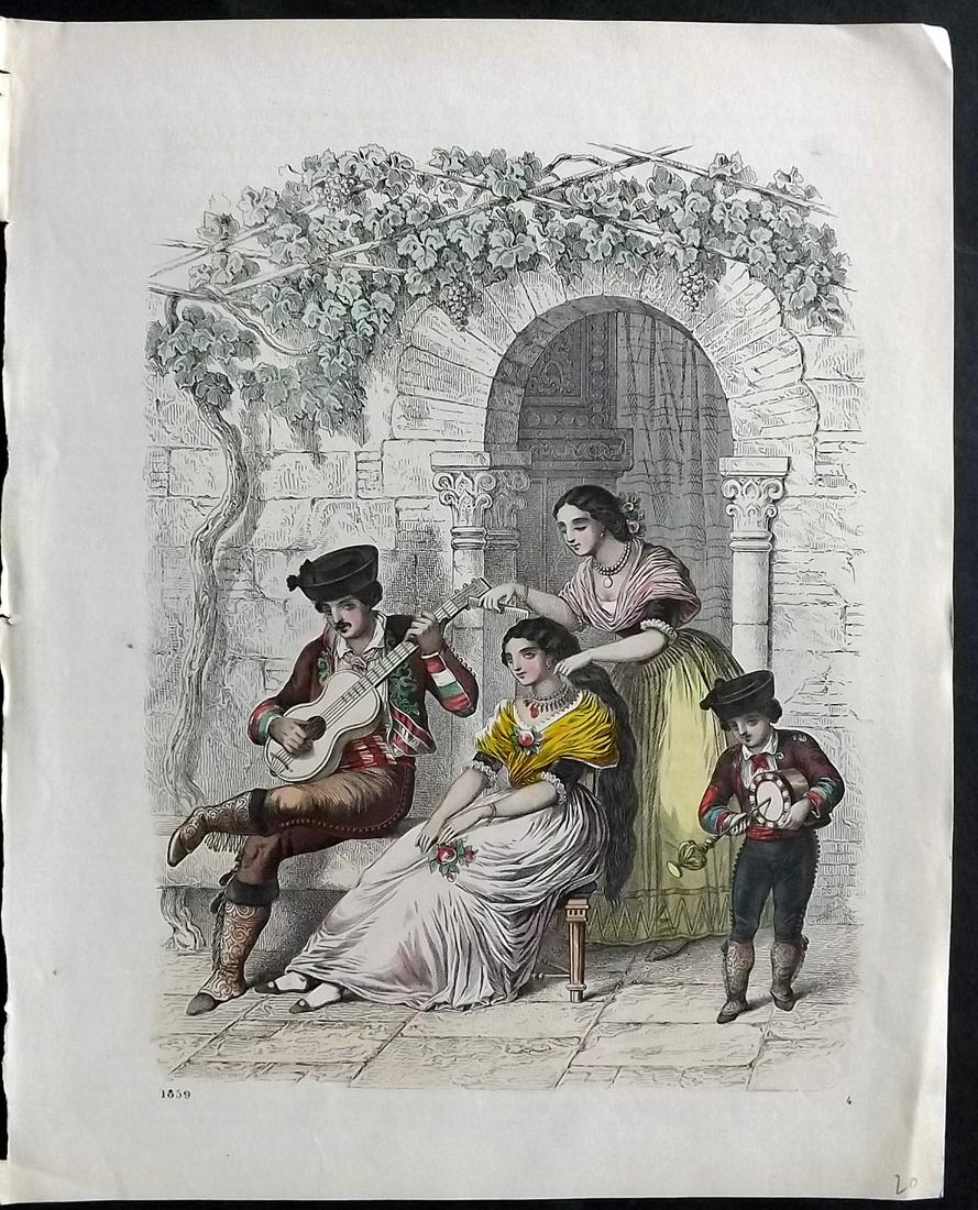 Hoffmann, Carl 1859 Hand Col Print. Andalusia, Flamenco, Spain: Hand Colored Lithograph Published 1842-80, Stuttgart for "Das Buch der Welt" by Carl Hoffmann. Paper Size: 9.5 x 7 inch (25 x 18cm) Approx. Good Condition