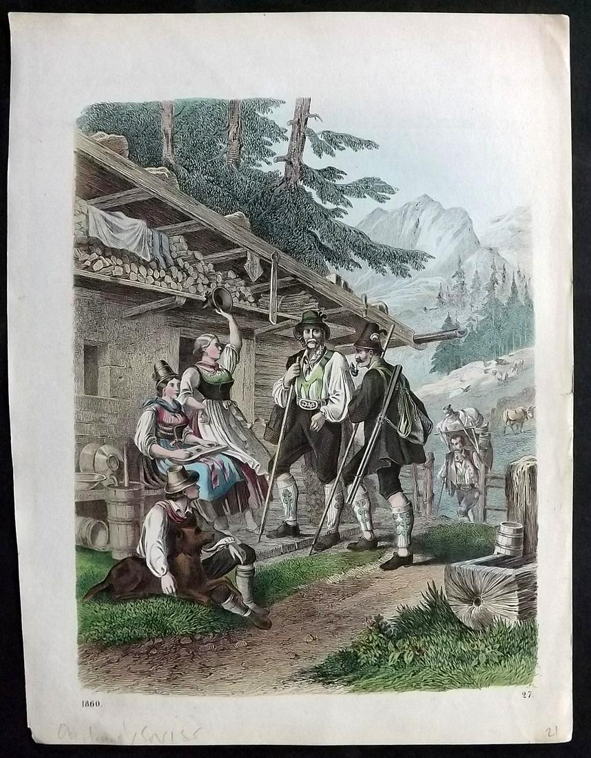 Hoffmann, Carl 1859 Hand Col Print. Swiss Alps village, Oberland Switzerland: Hand Colored Lithograph Published 1842-80, Stuttgart for "Das Buch der Welt" by Carl Hoffmann. Paper Size: 9.5 x 7 inch (25 x 18cm) Approx. Good Condition