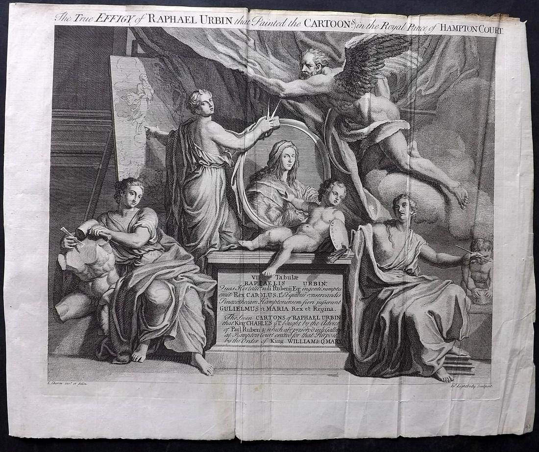 Blome, Cheron & Lightbody C1720 LG Folio Print. Effigy of Raphael: "The True Effigy of Raphael Urbin that Painted the Cartoons in the Royal Palace of Hampton Court" Folio Copper Plate Published C1720 by M. Cooper, London for "The History of the Holy Bible" by Richard