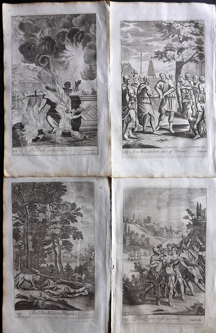 Blome, Richard C1720 Lot of 4 Folio Antique Religious Prints: Folio Copper Plates Published C1720 by M. Cooper, London for "The History of the Holy Bible" by Richard Blome. Some of the best Artist's of the time were commissioned to Engrave the images, including 