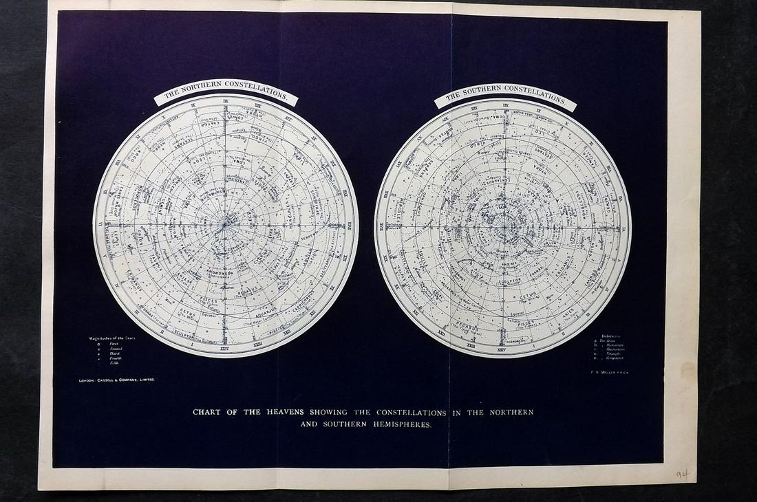 Cassell (Pub) 1894 Astronomy Celestial Chart. Constellations by F. S. Weller (1 of 2)