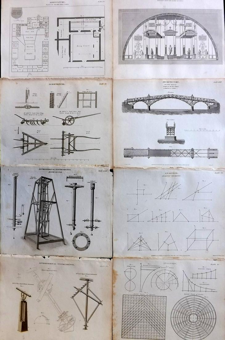 Rees, Abraham 1820 Lot of 8 Science & Architecture Prints: Copper Plates Published 1802-20 by Longman, Hurst, Rees & Orme for "The Cycloaedia: or, Universal dictionary of arts, sciences, and literature" By Abraham Rees. Paper Size: 10.5 x 8.5 inch (27 x 22cm)