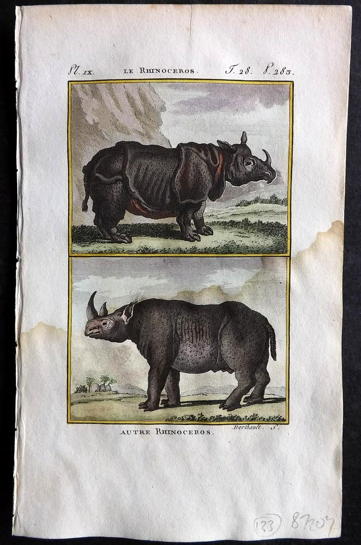 Buffon & Sonnini C1800 Hand Col Print. Rhino 28-09: Hand Colored Copper Plate Published 1799-1808, Paris for "Histoire naturelle générale et particulière" by the Comte de Buffon and Charles Nicolas Sigisbert Sonnini. Paper Size: 7.5 x 5 inch (19 x 1