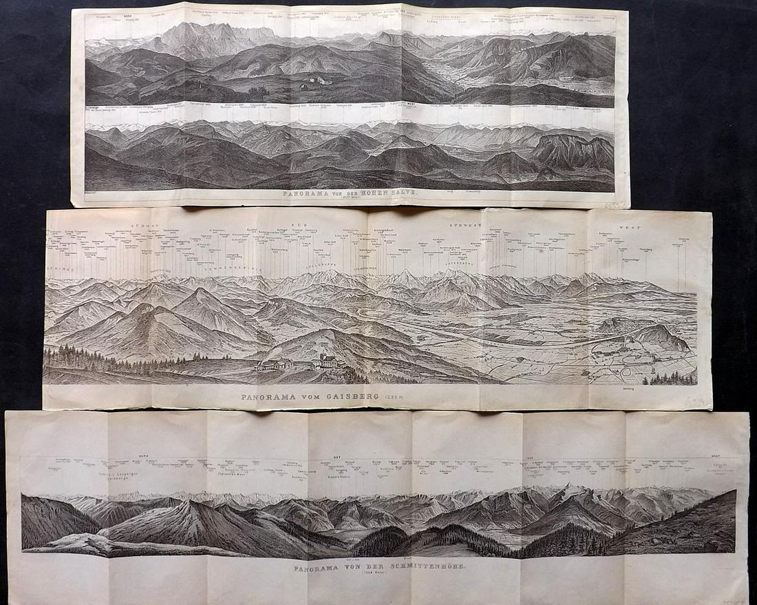 Baedeker, Karl 1907 Lot of 3 Panoramas of the Austrian Alps: Gaisberg, Schmittenhohe, and Hohen Salve. Lithograph Published 1907, Leipzig for "The Eastern Alps including The Bavarian Highlands, Tyrol, Salzburg, Upper and Lower Austria, Styria, Carinthia, and Ca