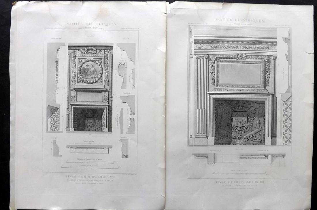 Daly, Cesar 1881 Pair of LG Architecture Prints. Chimney Pieces (1 of 2)