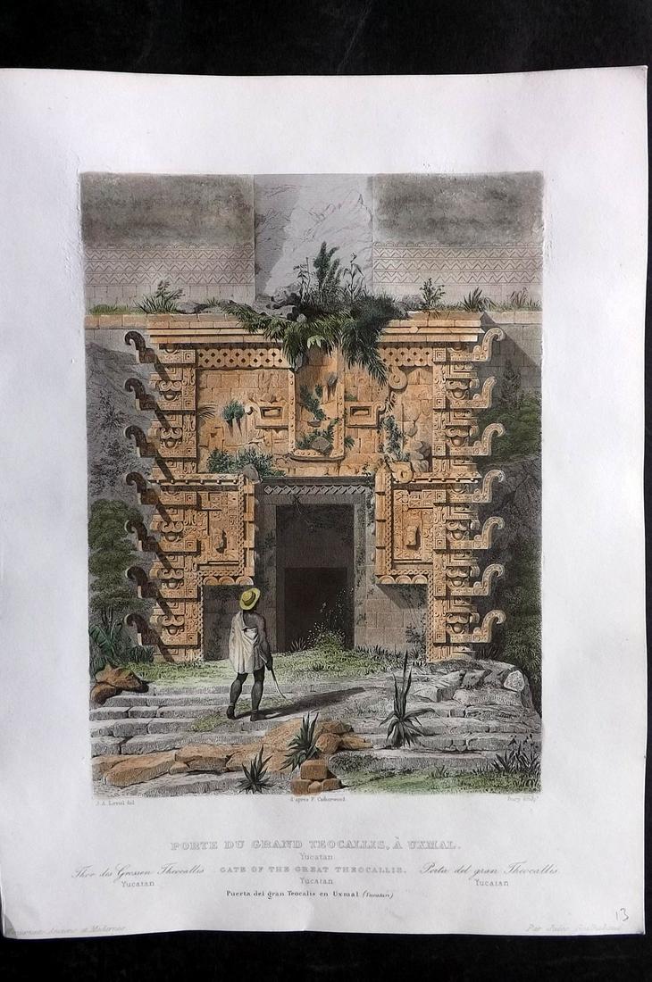 Gailhabaud, Jules 1850 Hand Col Print. Gate at Teocallis, Uxmal, Yucatan, Mexico: Hand Colored Steel Engraving Published 1850, Paris for "Monuments Anciens et Modernes" by Jules Gailhabaud. Paper Size: 12 x 9 inch (30 x 23cm) Good Condition