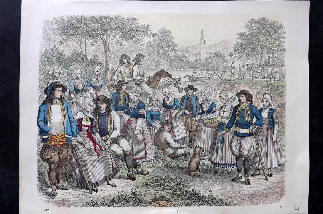 Hoffmann, Carl 1862 Hand Col Print. Costume Village Scene, Brittany France (1 of 2)