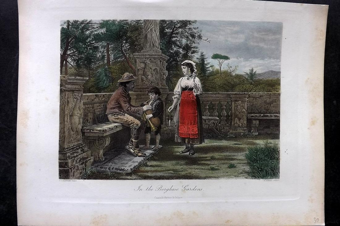 Picturesque Europe C1875 Hand Col Print. Borghese Gardens, Rome, Italy: Hand Colored Steel Engraving published C1875 by Cassell or Appleton, London or New York for "Picturesque Europe" Edited by Bayard Taylor. Paper Size: 12 x 9.5 inch (30 x 24cm) Some margin toning, imag