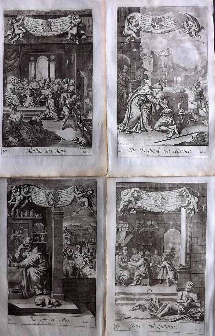Blome, Richard C1720 Lot of 4 Folio Antique Religious Prints: Folio Copper Plates Published C1720 by M. Cooper, London for "The History of the Holy Bible" by Richard Blome. Some of the best Artist's of the time were commissioned to Engrave the images, including 