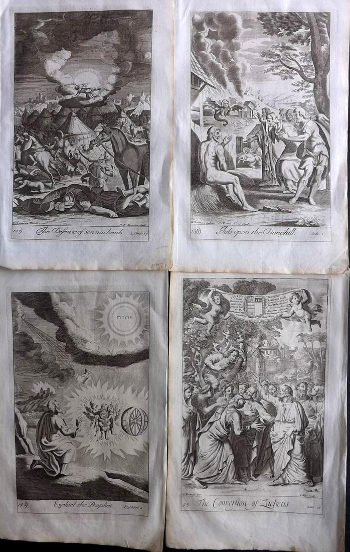 Blome, Richard C1720 Lot of 4 Folio Antique Religious Prints: Folio Copper Plates Published C1720 by M. Cooper, London for "The History of the Holy Bible" by Richard Blome. Some of the best Artist's of the time were commissioned to Engrave the images, including 