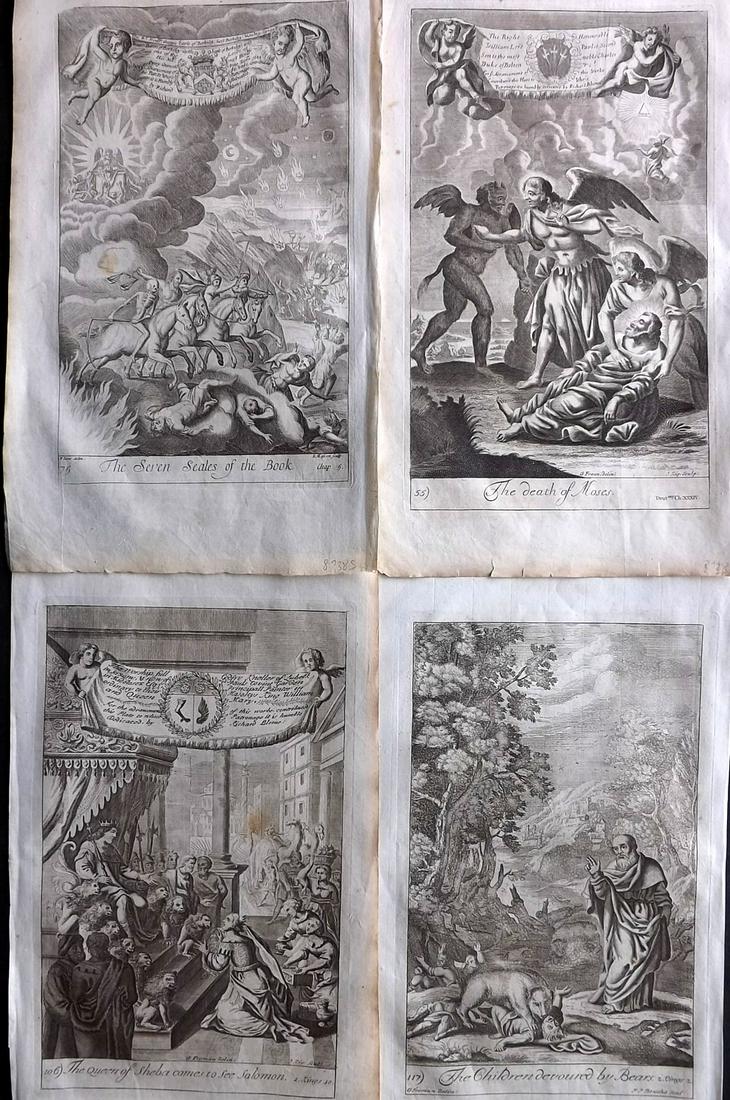 Blome, Richard C1720 Lot of 4 Folio Antique Religious Prints: Folio Copper Plates Published C1720 by M. Cooper, London for "The History of the Holy Bible" by Richard Blome. Some of the best Artist's of the time were commissioned to Engrave the images, including 