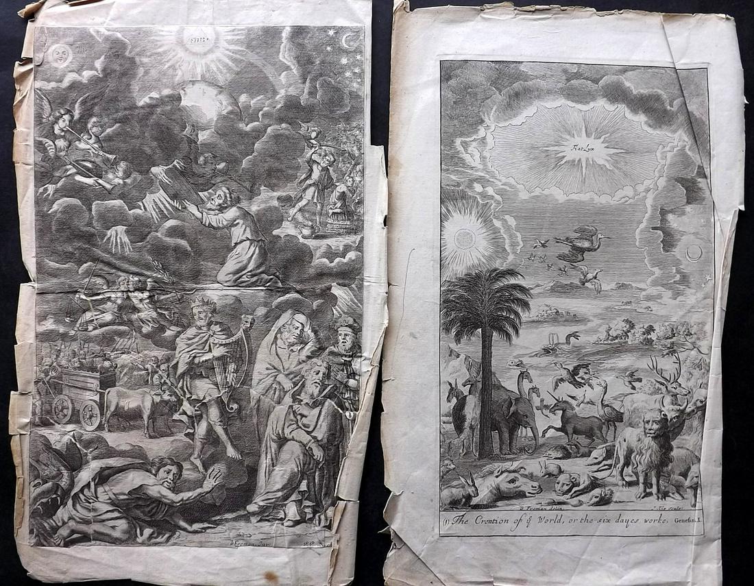 Blome, Richard C1720 Pair of Folio Religious Prints. Frontispiece etc: Folio Copper Plates Published C1720 by M. Cooper, London for "The History of the Holy Bible" by Richard Blome. Some of the best Artist's of the time were commissioned to Engrave the images, including 