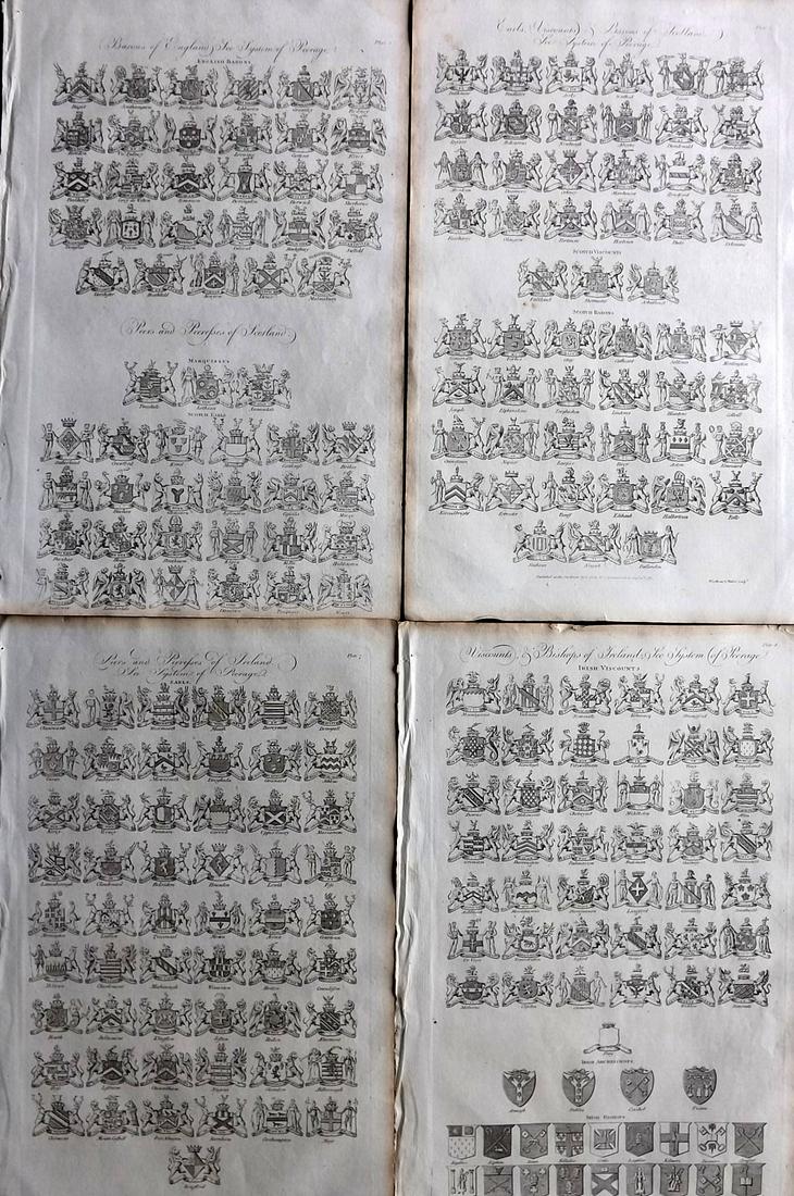 Hall, William 1789 Lot of 4 Folio Heraldry Prints: Copper Plates Published 1789-91 by C. Cooke, London for "The New Royal Encyclopedia, Or, Complete Modern Universal Dictionary of Arts and Sciences..." by William Henry Hall. Paper Size: 15 x 9.5 inch 