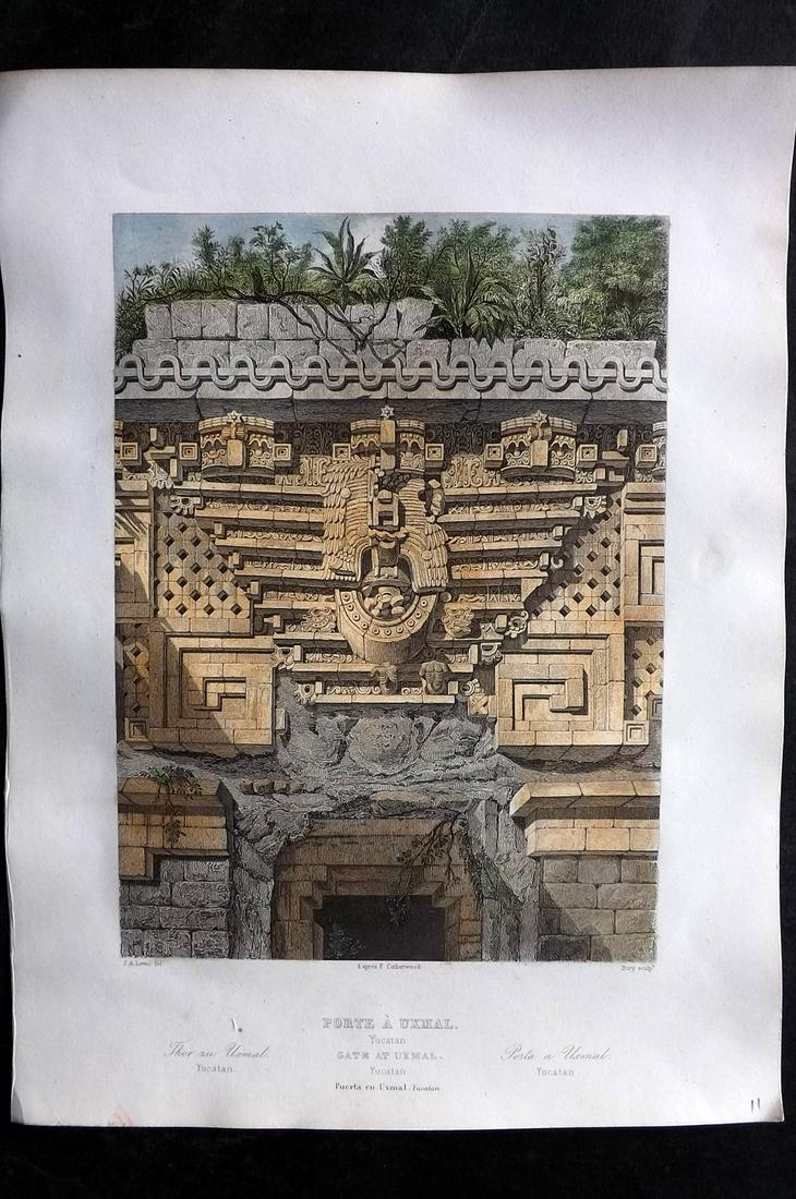 Gailhabaud, Jules 1850 Hand Col Print. Gate at Uxmal, Yucatan, Mexico: Hand Colored Steel Engraving Published 1850, Paris for "Monuments Anciens et Modernes" by Jules Gailhabaud. Paper Size: 12 x 9 inch (30 x 23cm) Good Condition