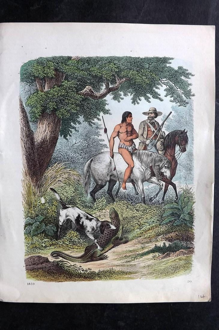 Hoffmann, Carl 1859 Hand Col Print. Americas - Native & Westerner on Horseback: Hand Colored Lithograph Published 1842-80, Stuttgart for "Das Buch der Welt" by Carl Hoffmann. Paper Size: 9.5 x 7 inch (25 x 18cm) Approx. Good Condition
