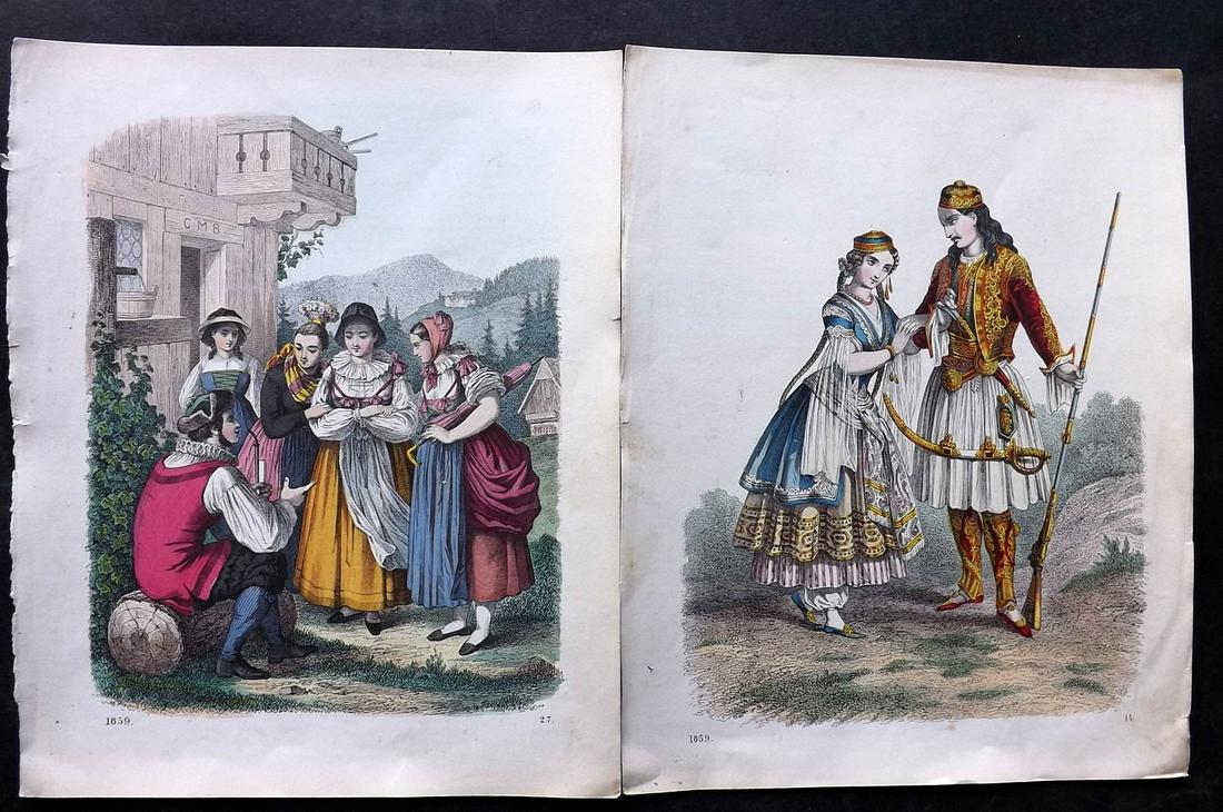 Hoffmann, Carl 1859 Pair of Hand Col Prints. European Costume: Hand Colored Lithograph Published 1842-80, Stuttgart for "Das Buch der Welt" by Carl Hoffmann. Paper Size: 9.5 x 7 inch (25 x 18cm) Approx. Good Condition overall