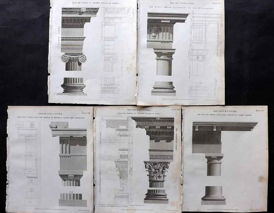 Rees, Abraham 1820 Lot of 5 Architectural Prints. Columns: Copper Plates Published 1802-20 by Longman, Hurst, Rees & Orme for "The Cycloaedia: or, Universal dictionary of arts, sciences, and literature" By Abraham Rees. Paper Size: 10.5 x 8.5 inch (27 x 22cm)