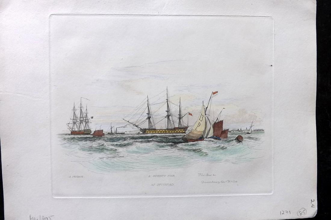 Cooke, Edward 1829 Hand Col Ship Print. A Seventy Four at Spithead (1 of 2)