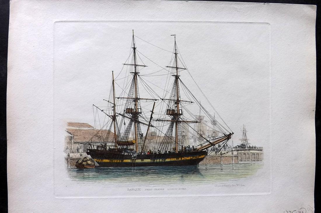 Cooke, Edward 1829 Hand Col Ship Print. Barque, Free-Trader London Docks (1 of 2)