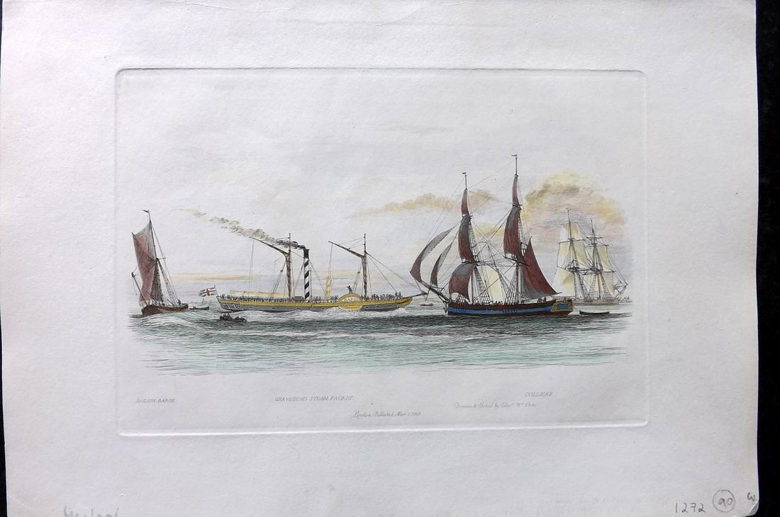Cooke, Edward 1829 Hand Col Ship Print. Gravesend Steam Packet, Barge Colliers (1 of 2)