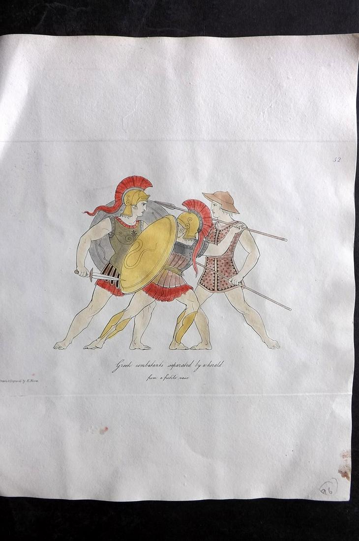 Hope, Thomas 1809 Hand Col Costume Print. Greek Combatants: Hand Colored Etching Published 1809, London for "Costume of the Ancients" by Thomas Hope. Deluxe Large Paper Edition. Paper Size: 11 x 9 inch (28 x 23cm) Minor marks in margin. Good Condition