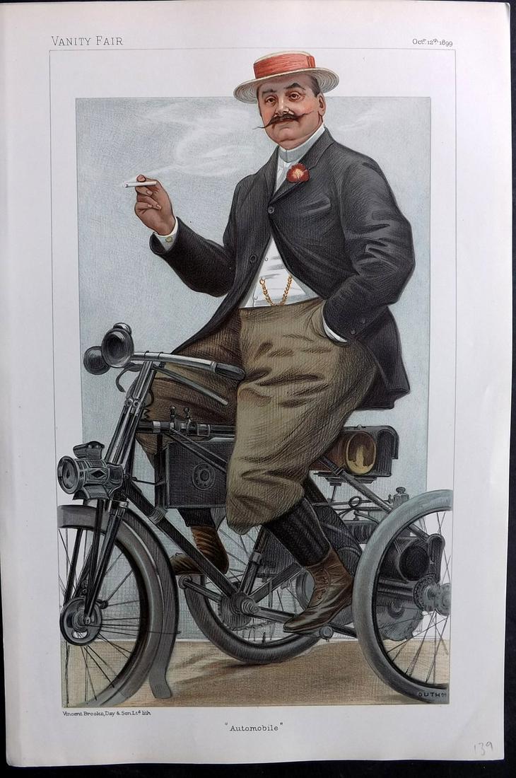 Vanity Fair Print 1899 Comte De Dion, Automobile: Chromolithograph Published 1869-1914, London for "Vanity Fair" Paper Size: 15 x 10 inch (38 x 25cm) Approx. Good Condition