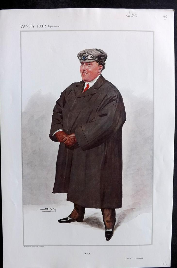 Vanity Fair Print 1907 Frederick Coleman, American Automobile: Chromolithograph Published 1869-1914, London for "Vanity Fair" Paper Size: 15 x 10 inch (38 x 25cm) Approx. Good Condition