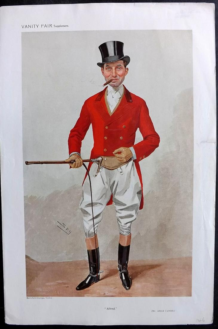 Vanity Fair Print 1909 Alfred Curnick, Foxhunter: Chromolithograph Published 1869-1914, London for "Vanity Fair" Paper Size: 15 x 10 inch (38 x 25cm) Approx. Small closed margin tear. Good Condition