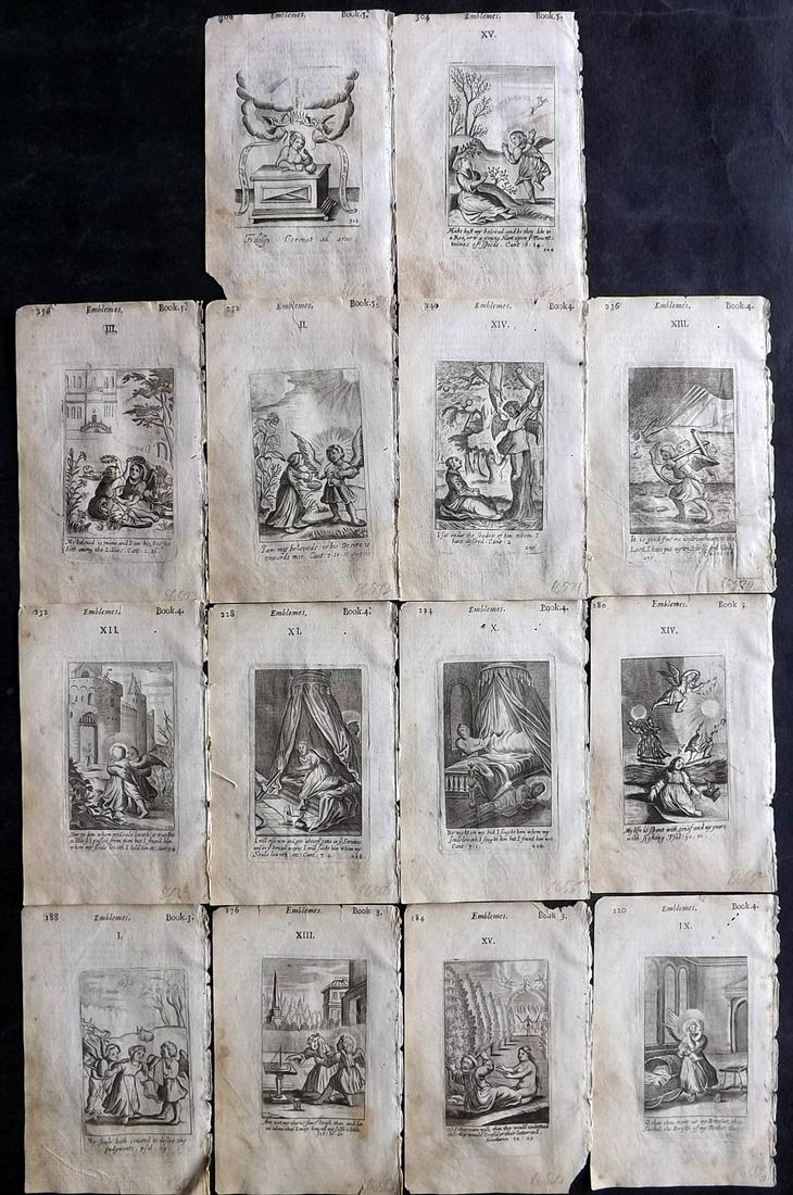 Quarles, Francis 1709 Lot of 14 Antique Emblem Prints: Copper Plates Published 1709, London for "Emblemes" by Francis Quarles. Rare. Text to verso, showing through front side slightly. Paper Size: 6 x 3.5 inch (15 x 9cm) Minor toning and staining as usual