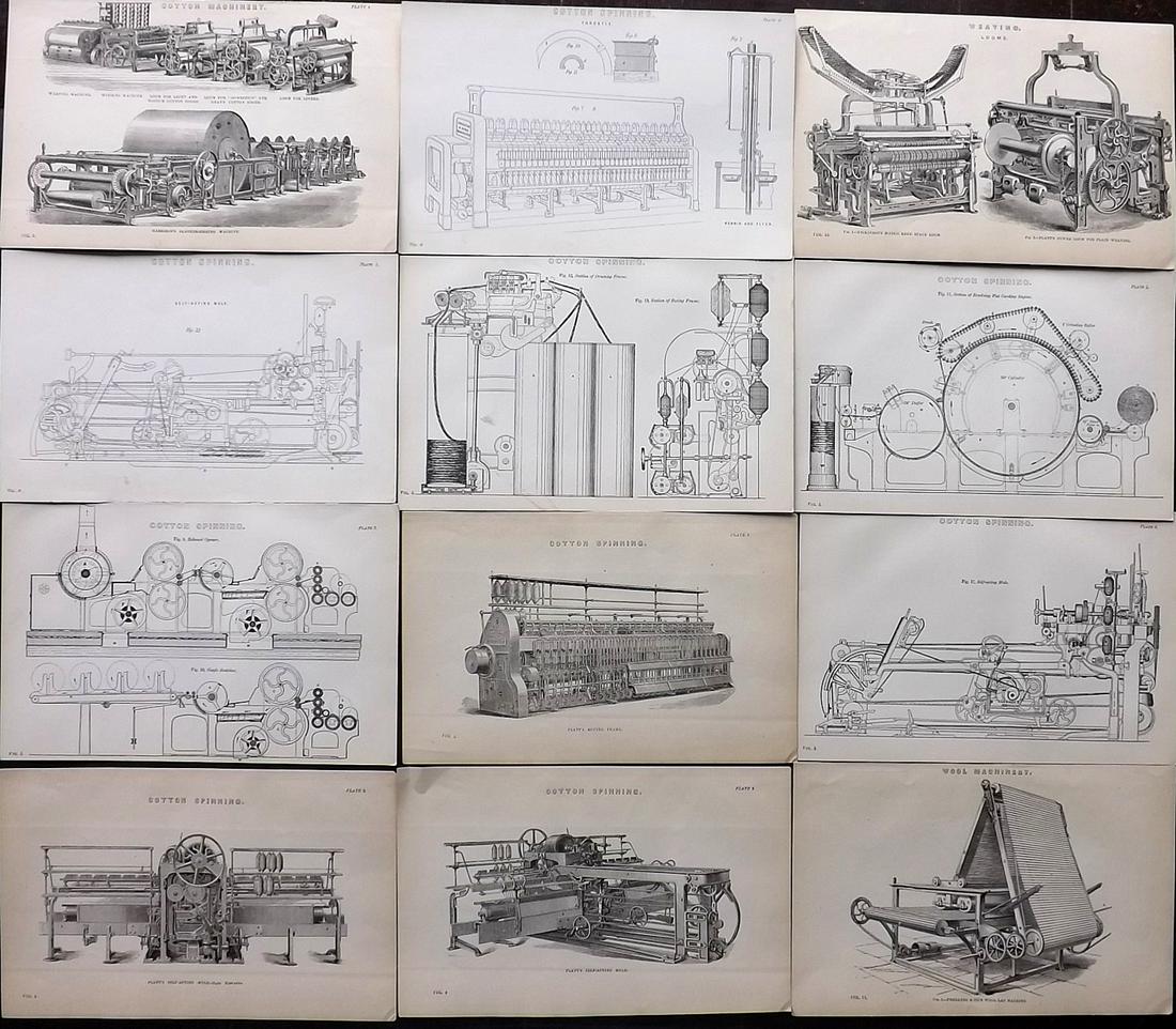 Nat. Encyclo. 1891 Lot of 12 Prints. Cotton, Weaving, Textiles: Lithograph/Woodblock Published 1891-1901 by William Mackenzie, London for "The National Encyclopedia: A dictionary of Universal Knowledge" Paper Size: 9.5 x 6 inch (24 x 16cm) Good Condition
