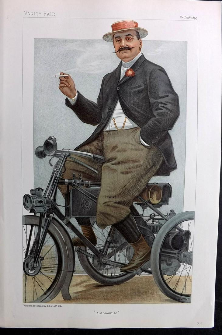 Vanity Fair Print 1899 Comte De Dion, Automobile: Chromolithograph Published 1869-1914, London for "Vanity Fair" Paper Size: 15 x 10 inch (38 x 25cm) Approx. Good Condition