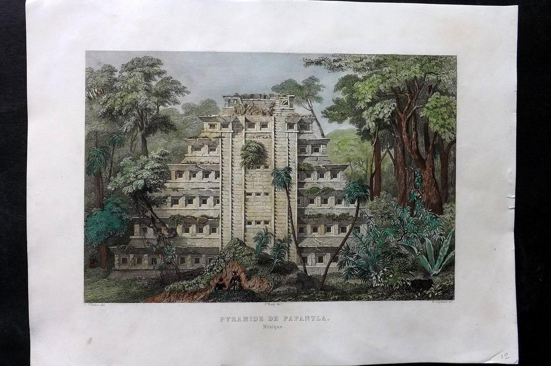 Gailhabaud, Jules 1850 Hand Col Print. Pyramid de Papantla, Mexico: Hand Colored Steel Engraving Published 1850, Paris for "Monuments Anciens et Modernes" by Jules Gailhabaud. Paper Size: 12 x 9 inch (30 x 23cm) Good Condition