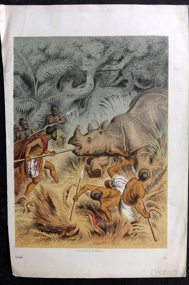 Hoffmann, Carl 1866 Hand Col Print.  Rhino Hunt, Laos 22 (1 of 2)