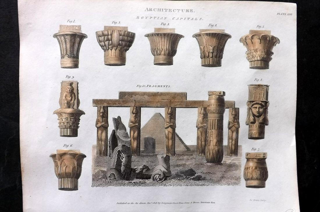 Rees, Abraham 1820 Hand Col Architecture Print. Egyptian Capitals, Pyramids (1 of 2)