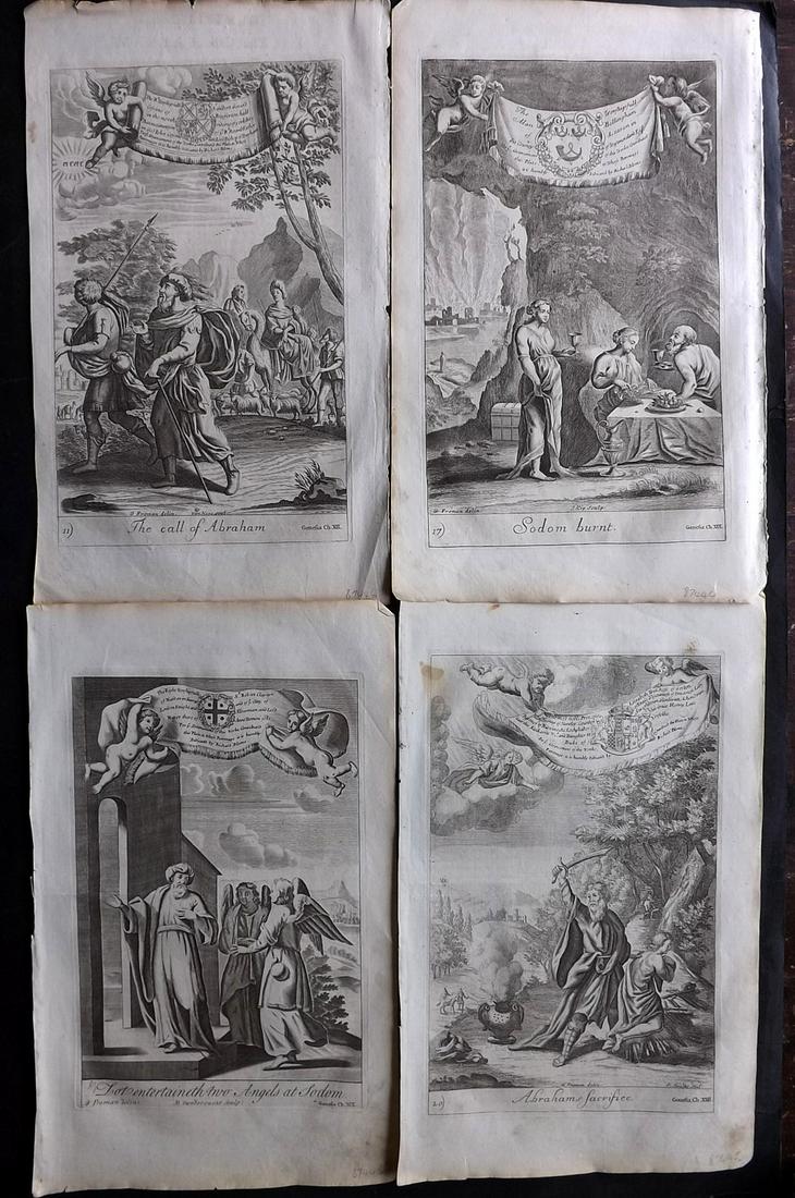 Blome, Richard C1720 Lot of 4 Folio Antique Religious Prints: Folio Copper Plates Published C1720 by M. Cooper, London for "The History of the Holy Bible" by Richard Blome. Some of the best Artist's of the time were commissioned to Engrave the images, including 
