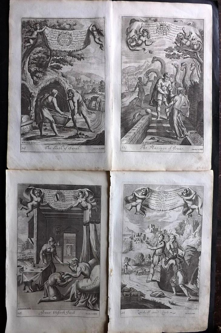 Blome, Richard C1720 Lot of 4 Folio Antique Religious Prints: Folio Copper Plates Published C1720 by M. Cooper, London for "The History of the Holy Bible" by Richard Blome. Some of the best Artist's of the time were commissioned to Engrave the images, including 