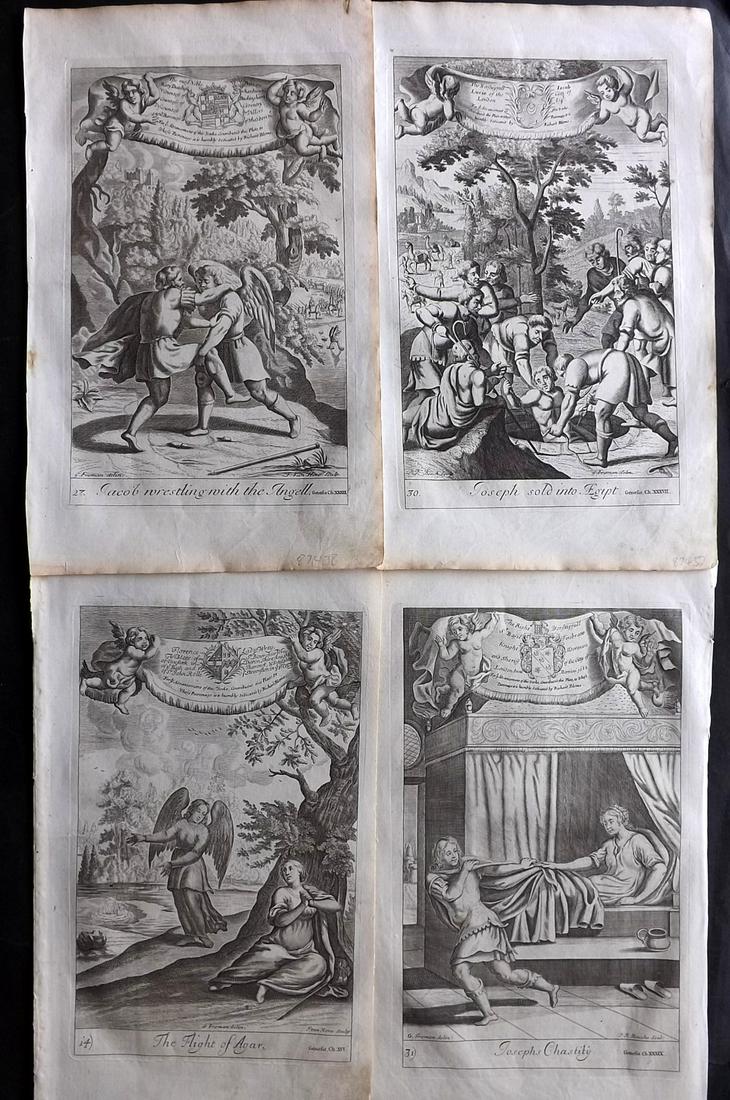 Blome, Richard C1720 Lot of 4 Folio Antique Religious Prints: Folio Copper Plates Published C1720 by M. Cooper, London for "The History of the Holy Bible" by Richard Blome. Some of the best Artist's of the time were commissioned to Engrave the images, including 