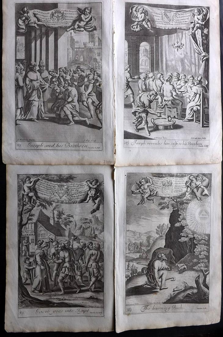 Blome, Richard C1720 Lot of 4 Folio Antique Religious Prints: Folio Copper Plates Published C1720 by M. Cooper, London for "The History of the Holy Bible" by Richard Blome. Some of the best Artist's of the time were commissioned to Engrave the images, including 