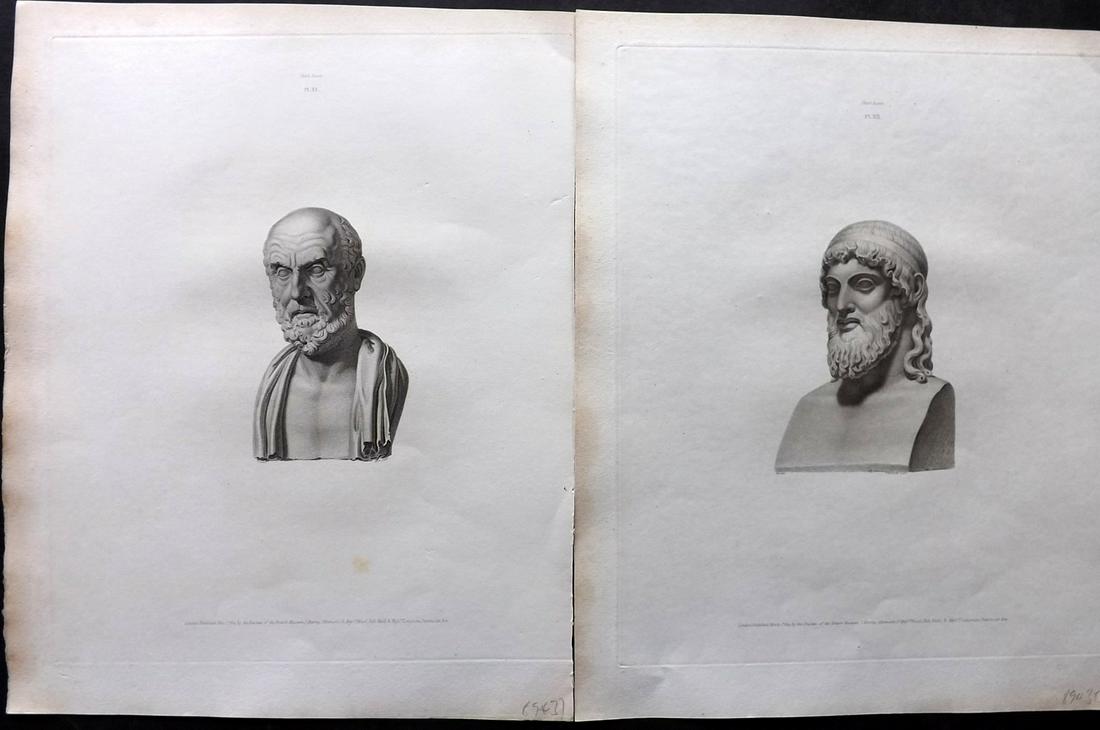 British Museum Ancient Marbles 1815 Pair of Greek Statue Prints: Stipple Engravings Published 1812-61, London for "A Description of the Collection of Ancient Marbles in the British Museum" by the British Museum, Department of Greek and Roman Antiquities. Paper Size