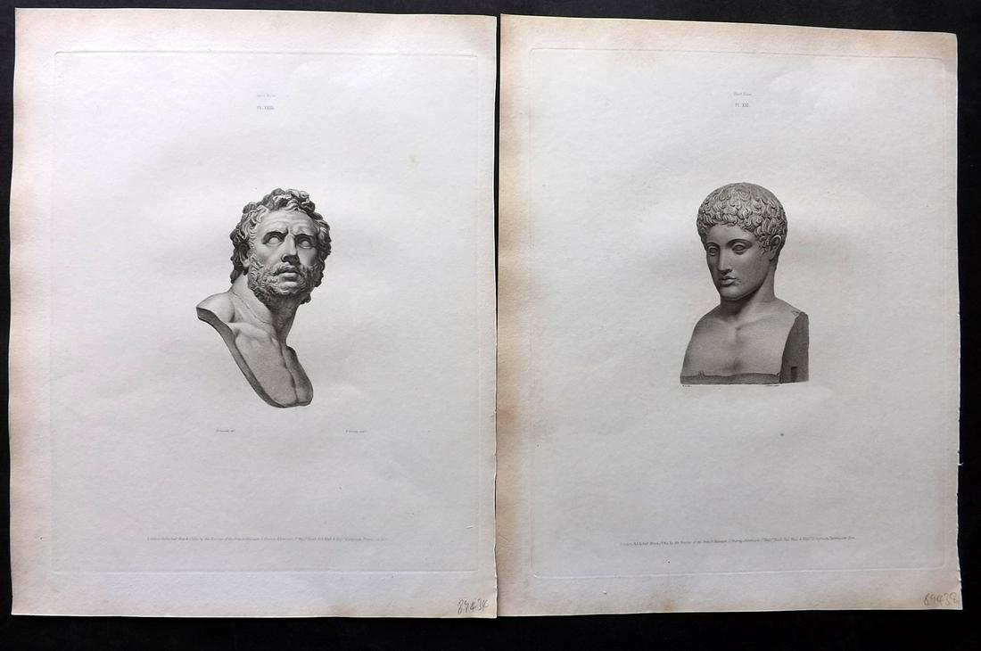 British Museum Ancient Marbles 1815 Pair of Greek Statue Prints: Stipple Engravings Published 1812-61, London for "A Description of the Collection of Ancient Marbles in the British Museum" by the British Museum, Department of Greek and Roman Antiquities. Paper Size