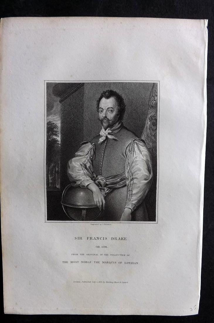 Lodge, Edmund C1830 Antique Portrait Print. Francis Drake with Globe (1 of 2)