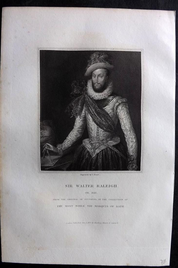 Lodge, Edmund C1830 Antique Portrait Print. Walter Raleigh with Globe (1 of 2)