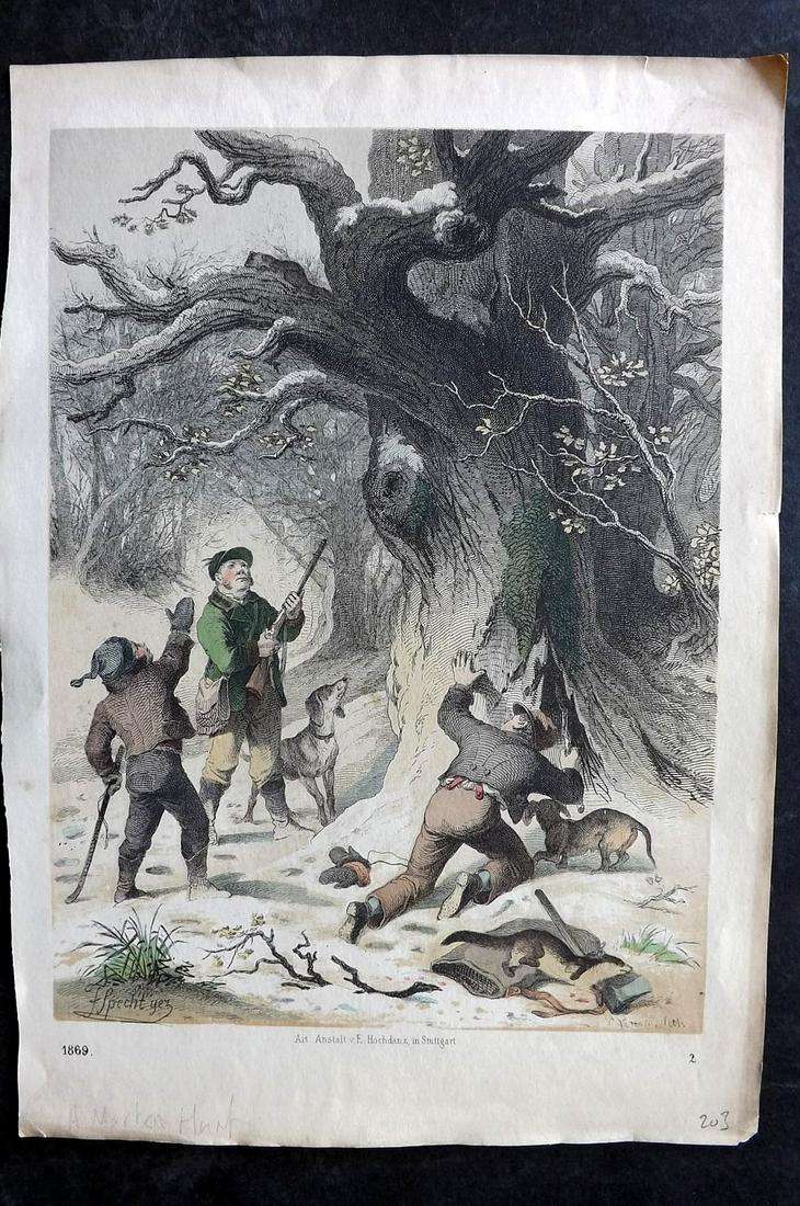 Hoffmann, Carl 1869 Hand Col Print. A Marten Hunt: Hand Colored Lithograph Published 1842-80, Stuttgart for "Das Buch der Welt" by Carl Hoffmann. Paper Size: 9.5 x 7 inch (25 x 18cm) Approx. Good Condition