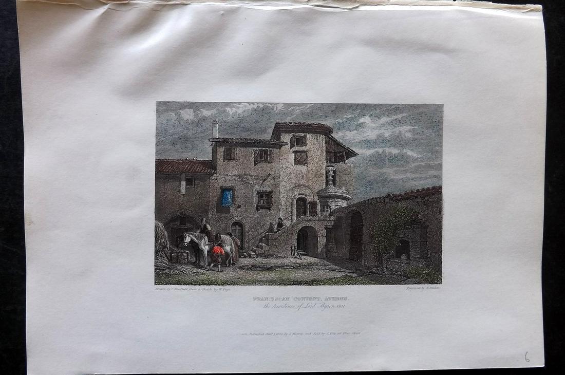Finden & Byron 1833 Hand Col Print. Franciscan Convent, Athens, Greece: Hand Colored Steel Engraving Published 1833, London for "Letters and Journals of Lord Byron: with Notices of His Life" by Thomas Moore. Illustrated by Turner, Stanfield et al. Engraved by the Finden B