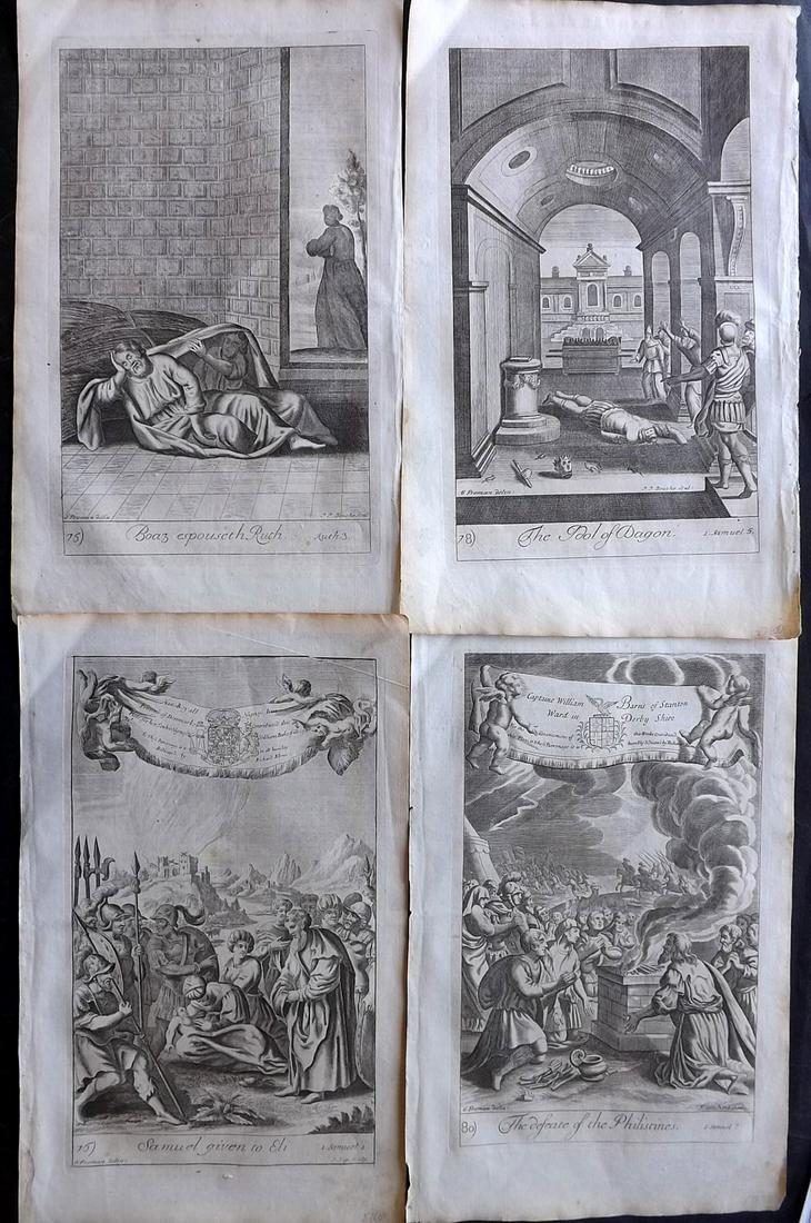 Blome, Richard C1720 Lot of 4 Folio Antique Religious Prints: Folio Copper Plates Published C1720 by M. Cooper, London for "The History of the Holy Bible" by Richard Blome. Some of the best Artist's of the time were commissioned to Engrave the images, including 