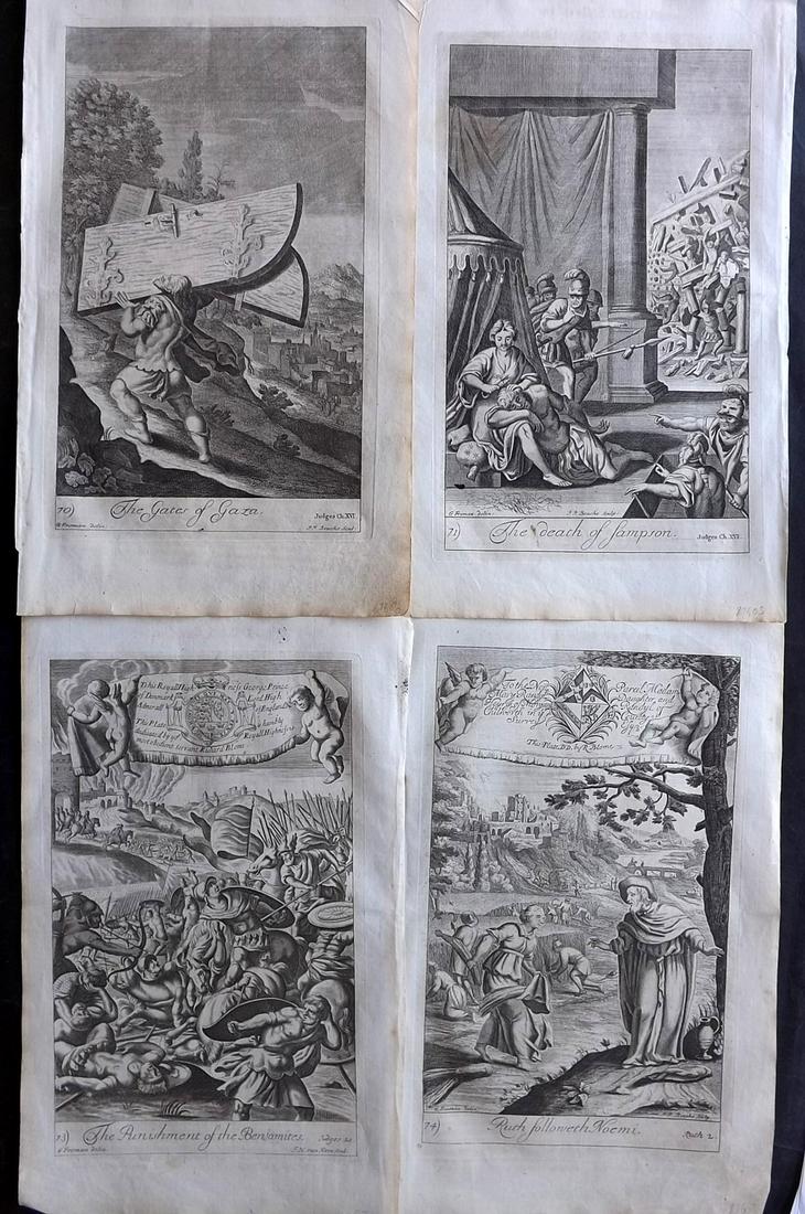 Blome, Richard C1720 Lot of 4 Folio Antique Religious Prints: Folio Copper Plates Published C1720 by M. Cooper, London for "The History of the Holy Bible" by Richard Blome. Some of the best Artist's of the time were commissioned to Engrave the images, including 
